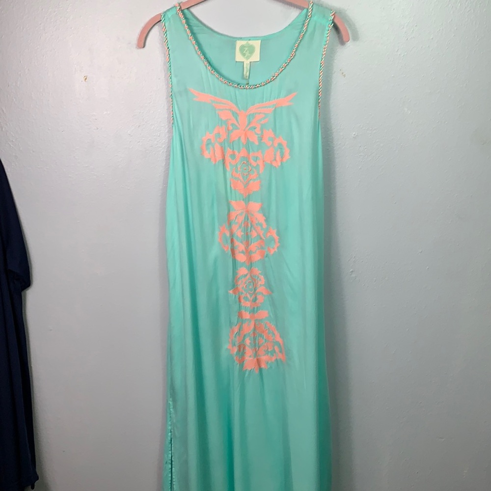 NWT Z&L Aqua Embroidered Racer Back Maxi Dress